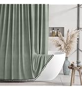 AmazerBath Farmhouse Shower Curtain, Sage Green Linen Shower Curtain with Hunter Green Tassel Fab...