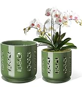 BUYMAX Ceramic Orchid Pots, 5 Inch+6 Inch Planter with Drainage Holes and Tray, Indoor Flower Pot...