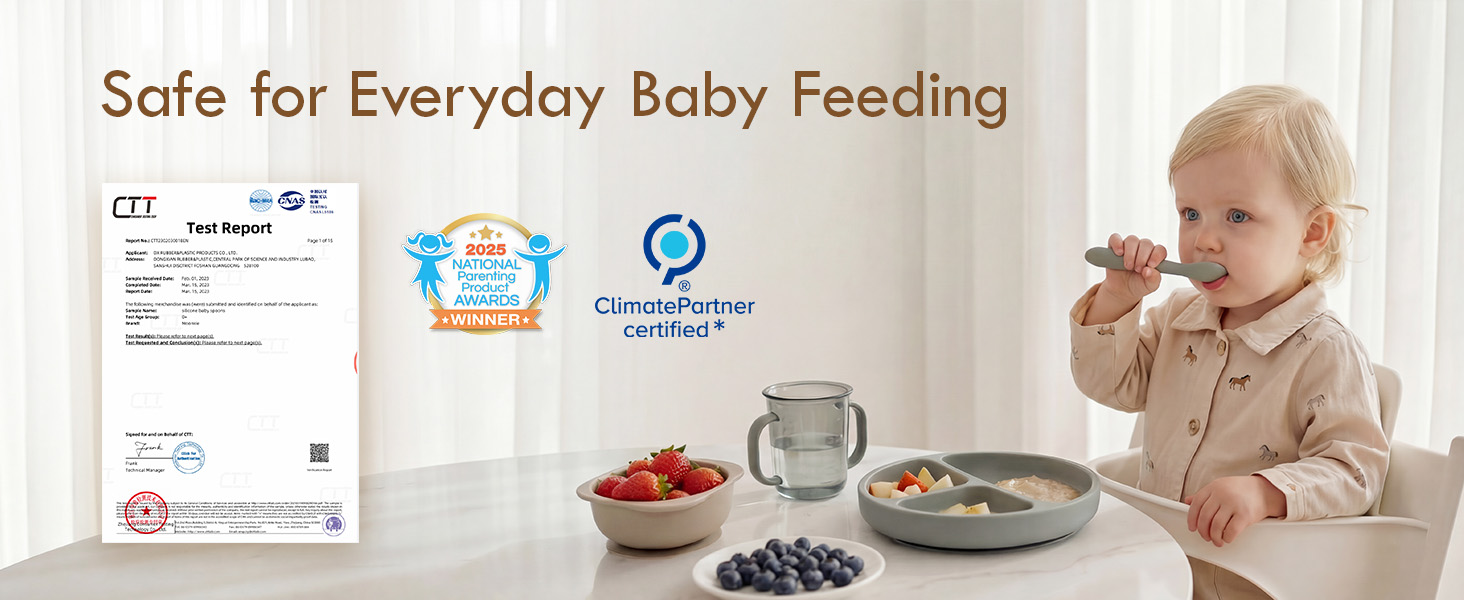 Text reads 'Safe for Everyday Baby Feeding'. Series of images showing infant dining setup with plates, food, and safety certification symbols displayed on wall.