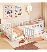 Giantex Twin Floor Bed with High Fence & Door, Montessori Floor Bed with 21.5" Safety Guardrails,...