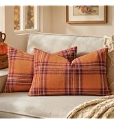 MIULEE Fall Plaid Decorative Lumbar Pillow Covers Set of 2 12x20 Rust | Scottish Tartan Vintage T...