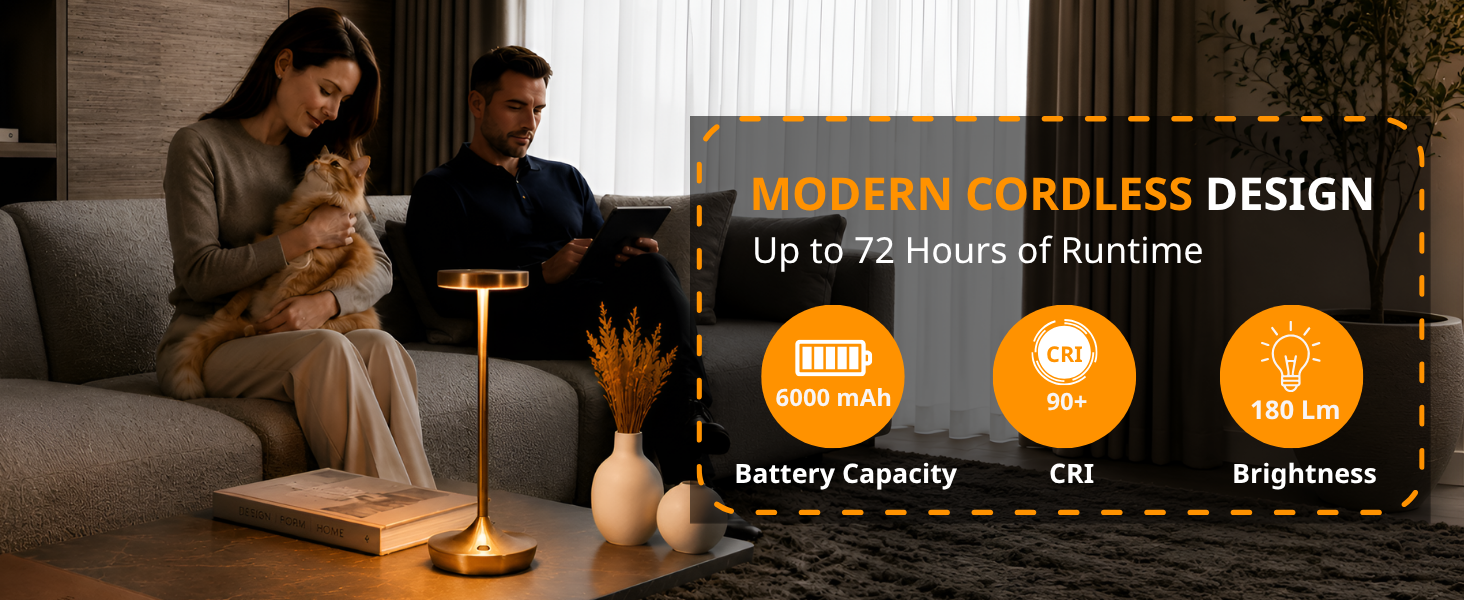 Cordless Table Lamps, Rechargeable 6000mAh LED Desk Lamps, Up to 72 Hours