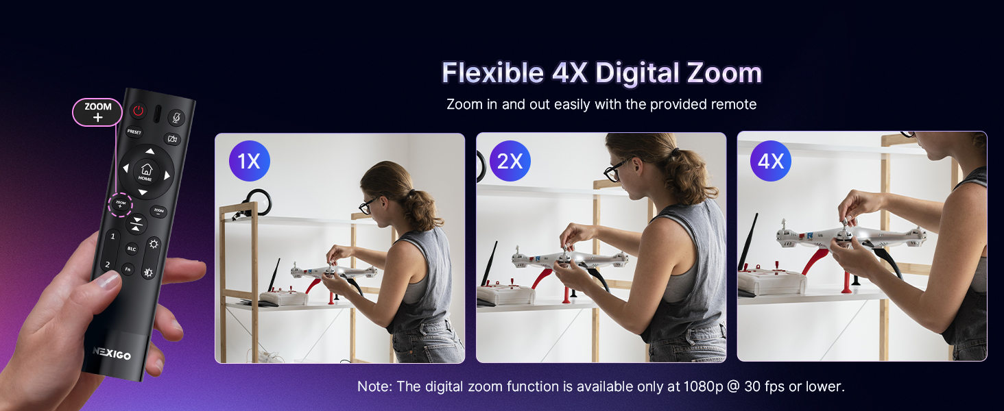 Hand close-up: Using remote for flexible 4x digital zoom.