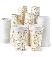 Nihuecne 50 Pack 16 oz Spring Floral Disposable Paper Coffee Cups with Snap-on Lids, Cute Floral ...