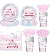 Yinbanban Ice Cream Style Birthday Plates and Napkins Party Supplies,Plastic Silverware, Paper Cu...