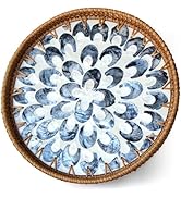 Decorative Round Rattan Tray with Mother of Pearl Inlay & Wooden Base for Table Decor, Home Decor...