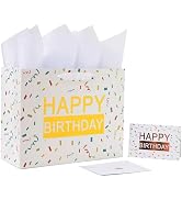 13" Large White Gift Bag Set with Greeting Card and Tissue Papers (Gold Foil ’Happy Birthday') fo...