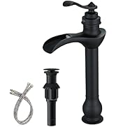BWE Matte Black Vessel Sink Faucet Waterfall Single Hole Handle with Pop Up Drain Stopper Assembl...
