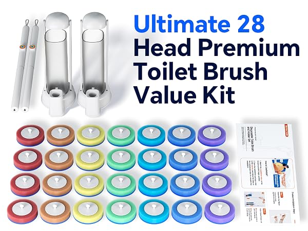 Long-lasting bathroom scrubber starter kit with seven color multipack replacement heads and holders
