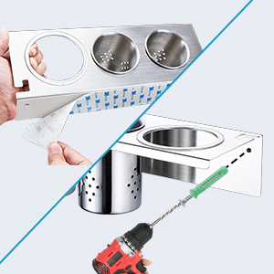 Stainless steel bowls mounted on adjustable height stand. Installation diagram shows screwdriver and mounting brackets for wall attachment.