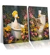 Frimeeme 2 Pcs Duck Canvas Wall Art,Duck Botanical in Bathtub Pictures Art Floral Wall Paintings,...