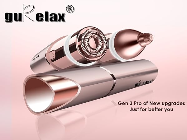 Rose gold-colored GuRelax Gen 3 Pro personal care device with cylindrical design and multiple attachments, featuring upgraded technology.