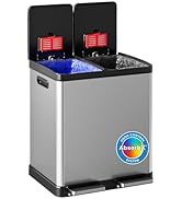 iTouchless 16 Gallon Dual Step Trash Can and Recycle Bin with Lid, Stainless Steel Kitchen Garbag...