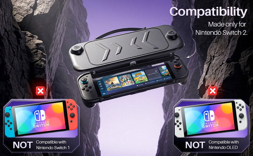 Compatibility graphic showing supported device with nintendo switch 2 cover and unsupported models