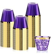 Bestluck 100 Pack 9 oz Purple Plastic Cups, Clear Disposable Cups with Gold Rim, Plastic Cocktail...