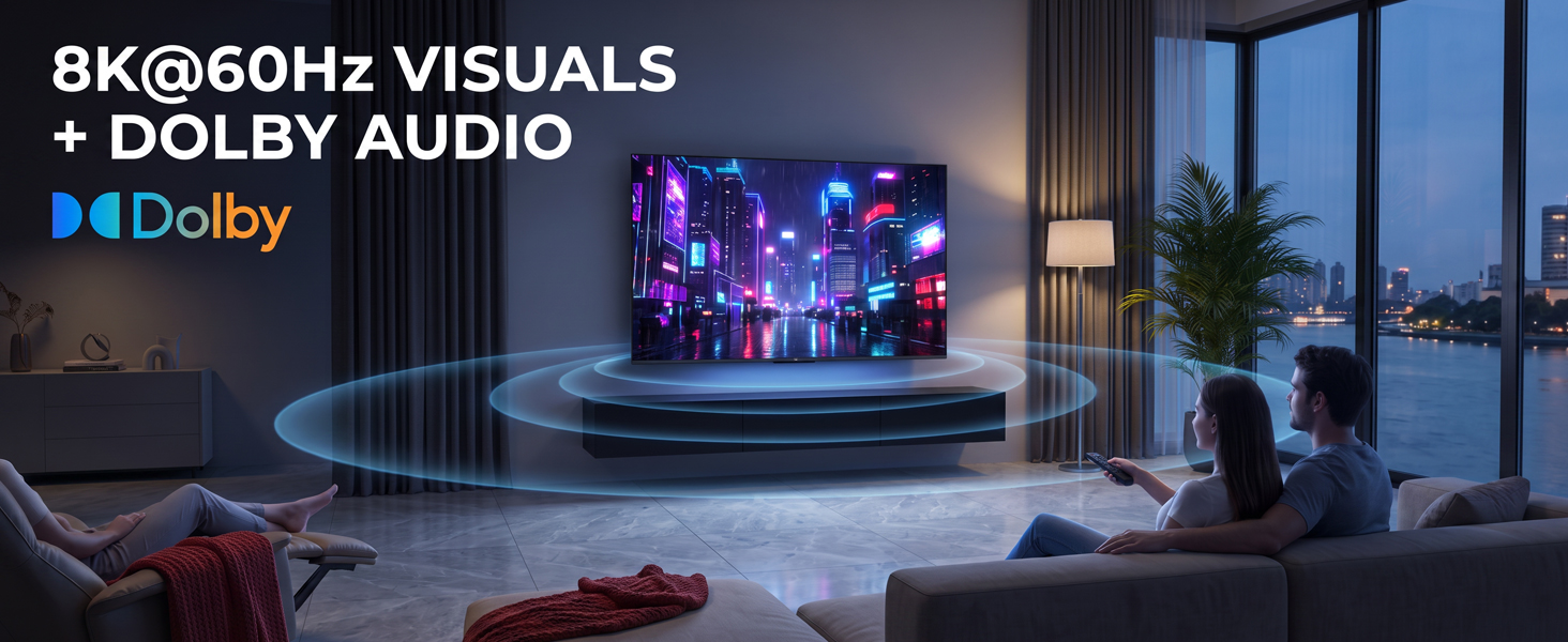 Text reads '8K@60Hz VISUALS + DOLBY AUDIO' with Dolby logo. Modern living room interior featuring glowing blue spherical object, dark furniture, and city skyline view through windows.