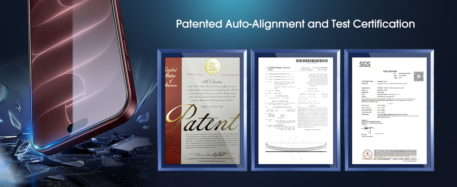Text reads 'Polished Auto-Alignment and Test Certification'. Three certification or test documents displayed in protective sleeves, showing polished presentation and official verification for product quality assurance.