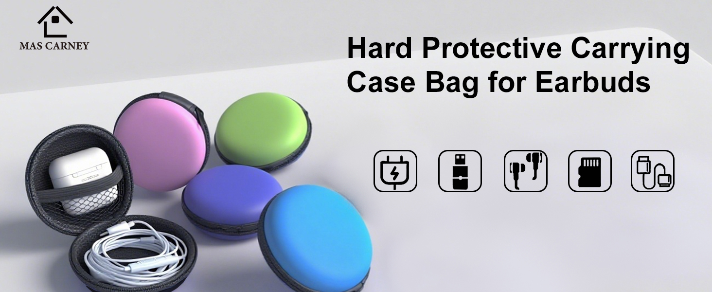 Text reads 'Hard Protective Carrying Case Bag for Earbuds'. Product image showing round protective cases in various colors with specification icons.