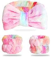 WSYUB Spa Headband and Wrist Bands, Makeup Headband and Wrist Towels for Washing Face, Fuzzy Bow ...