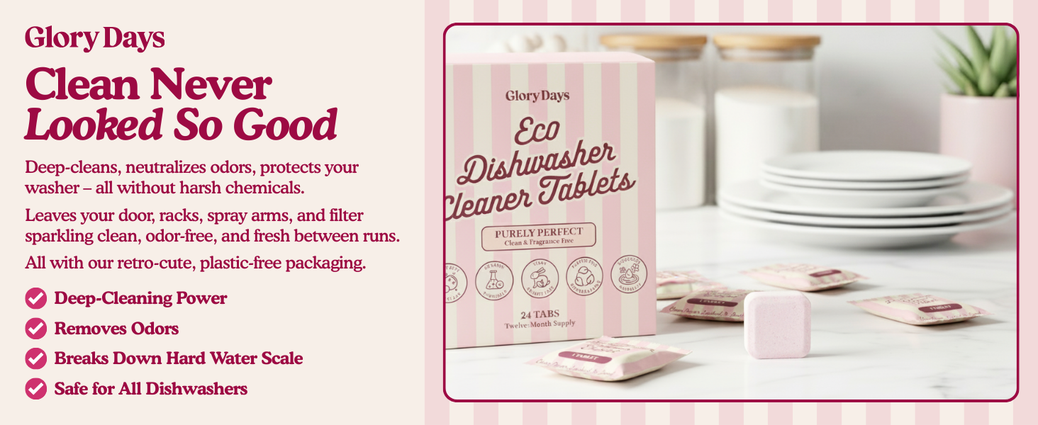 Eco dishwasher cleaner tablets displayed on a kitchen counter with clean plates and glassware