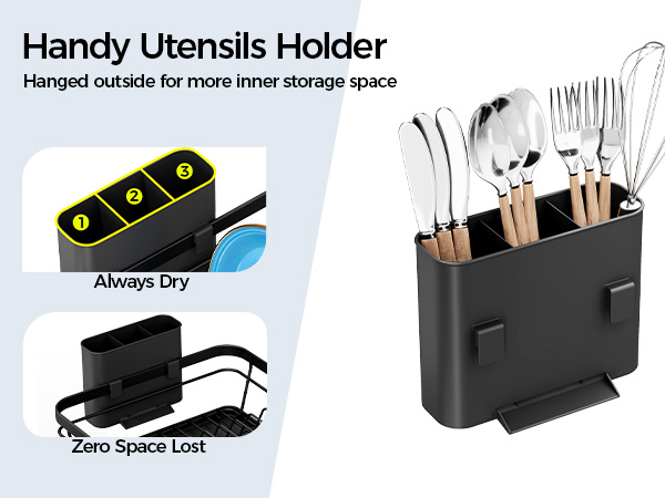 Text reads 'Handy Utensils Holder', 'Always Dry', 'Zero Space Lost'. Black countertop organizer with utensils displayed; separate water-resistant storage container shown.