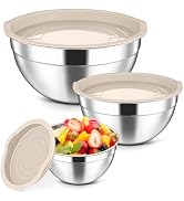 Herogo Stainless Steel Mixing Bowls with Lids Set of 3, 1.5/3/4.6Qt, Khaki | Nesting Serving Sala...