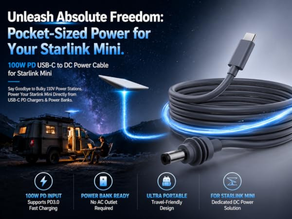 A man working outside his van using a flexible USB-C to DC power cable to run his Starlink Mini