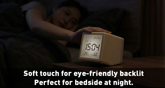Text reads 'Soft touch for eye-friendly backlit' and 'Perfect for reading at night'. Digital display showing time 15:04 in dark environment.
