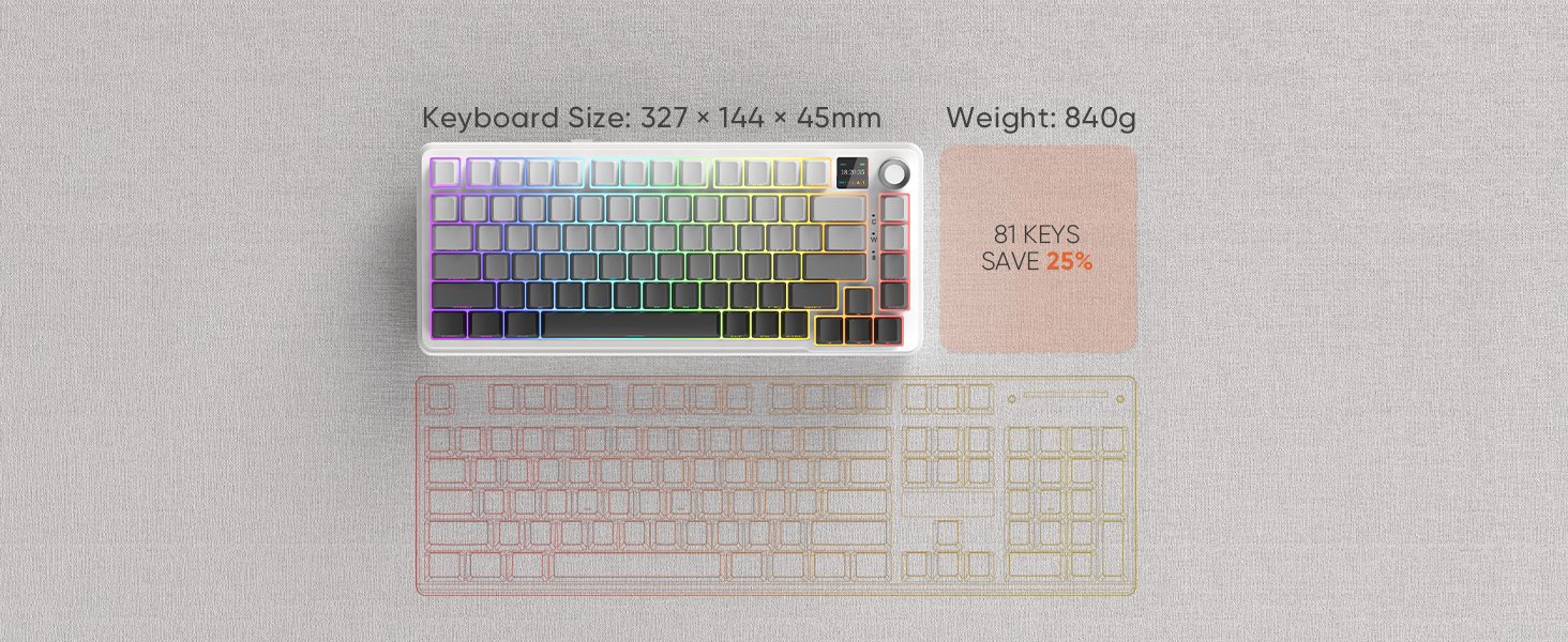 Keyboard with specifications text visible: 'Keyboard Size: 321 x 164 x 24mm' and 'Weight: 850g'. Shows mechanical keyboard with gradient keycaps displayed on light textured surface with product packaging.