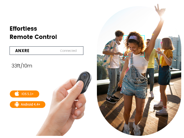 Remote control device with two orange buttons, shown next to an image of people dancing outdoors. Text indicates 'Effortless Remote Control'.