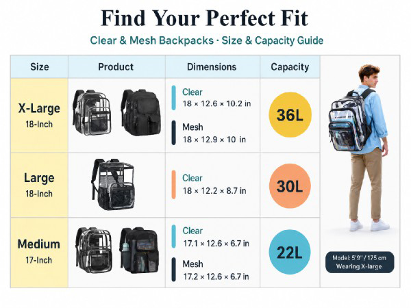 different capacity of clear backpack
