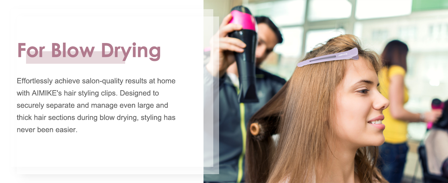 Hair styling tool demonstration showing sectioning clip being used for blow drying thick hair sections.