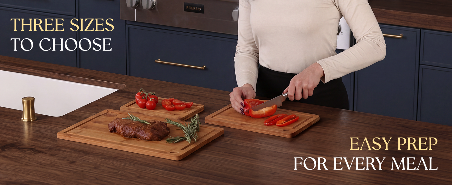 model using the 3pc carbonized cutting board set in her kitchen, preparing a meal