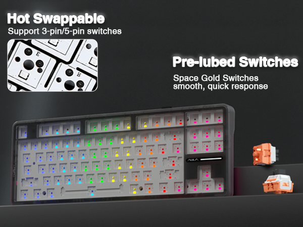 hot swappable mechanical custom keyboard creamy sound pre-lubed switches south-facing lighting