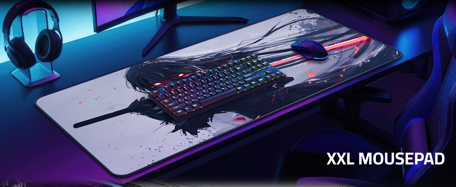 Text reads 'XXL MOUSEPAD'. Large gaming mousepad with RGB lighting effects and fantasy character artwork displayed in dark setting.