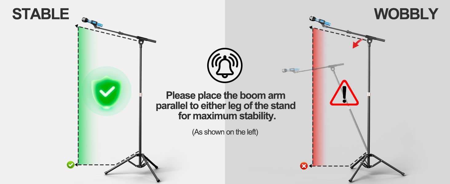 Please place the boom arm parallel to either leg of the base