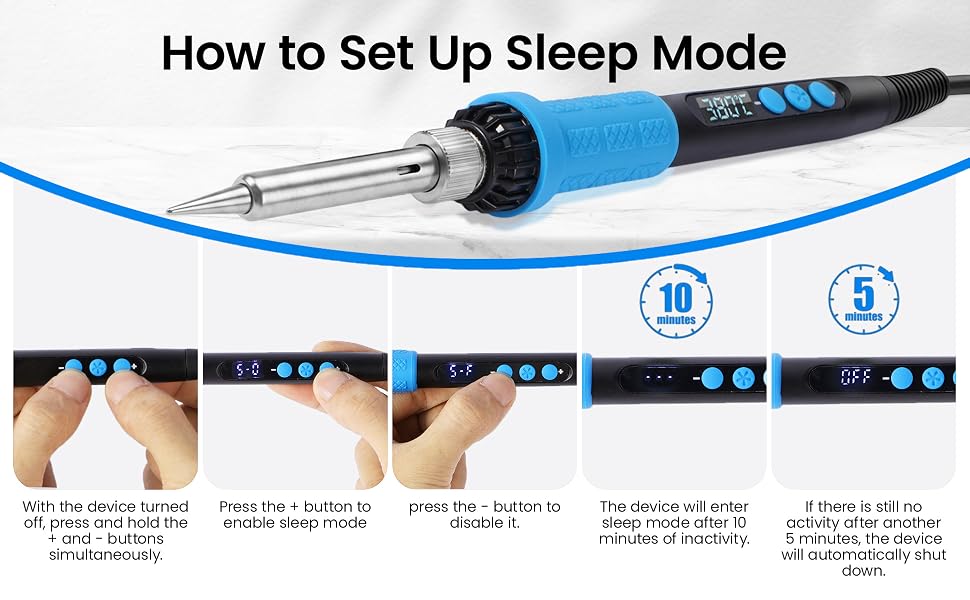 Infographic shows step-by-step setup for the soldering iron's auto sleep & auto shutoff function.