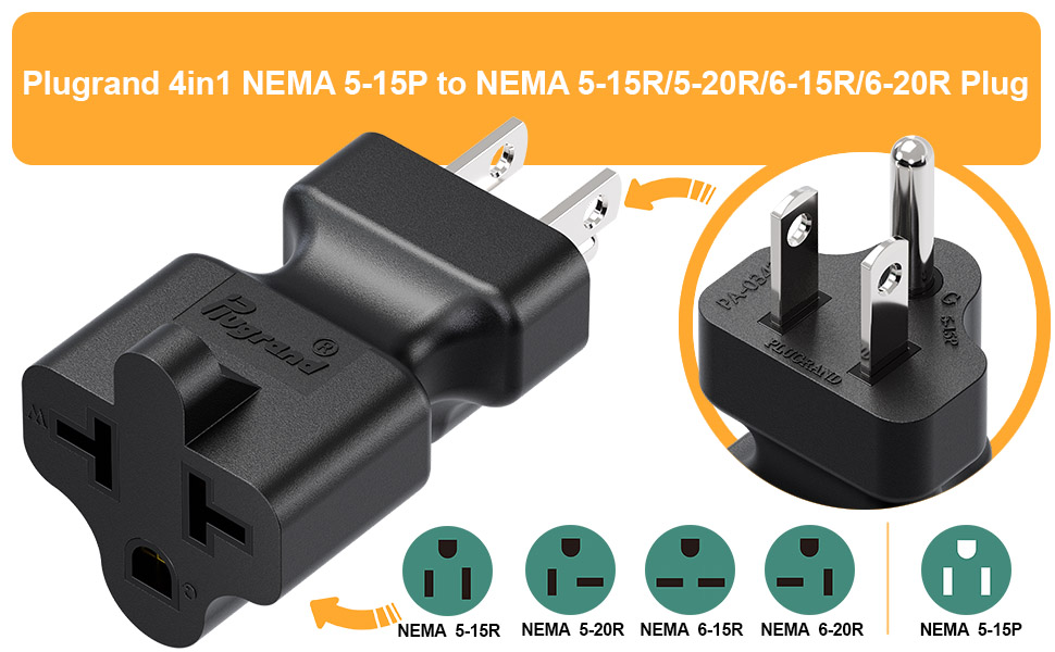Plugrand 4 in 1 NEMA 5-15P to NEMA 5-15R, 5-20R, 6-15R, 6-20R Plug
