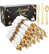 Liacere 100Pack Pre Rolled Gold Silverware and Napkin-Disposable Gold Plastic Utensils-Wrapped Pl...