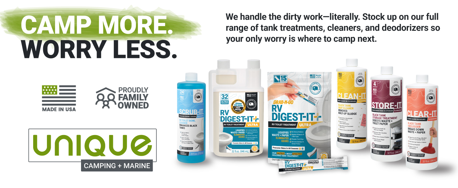 stock up on Unique's full line of tank treatments, cleaners, and deodorizers for your RV