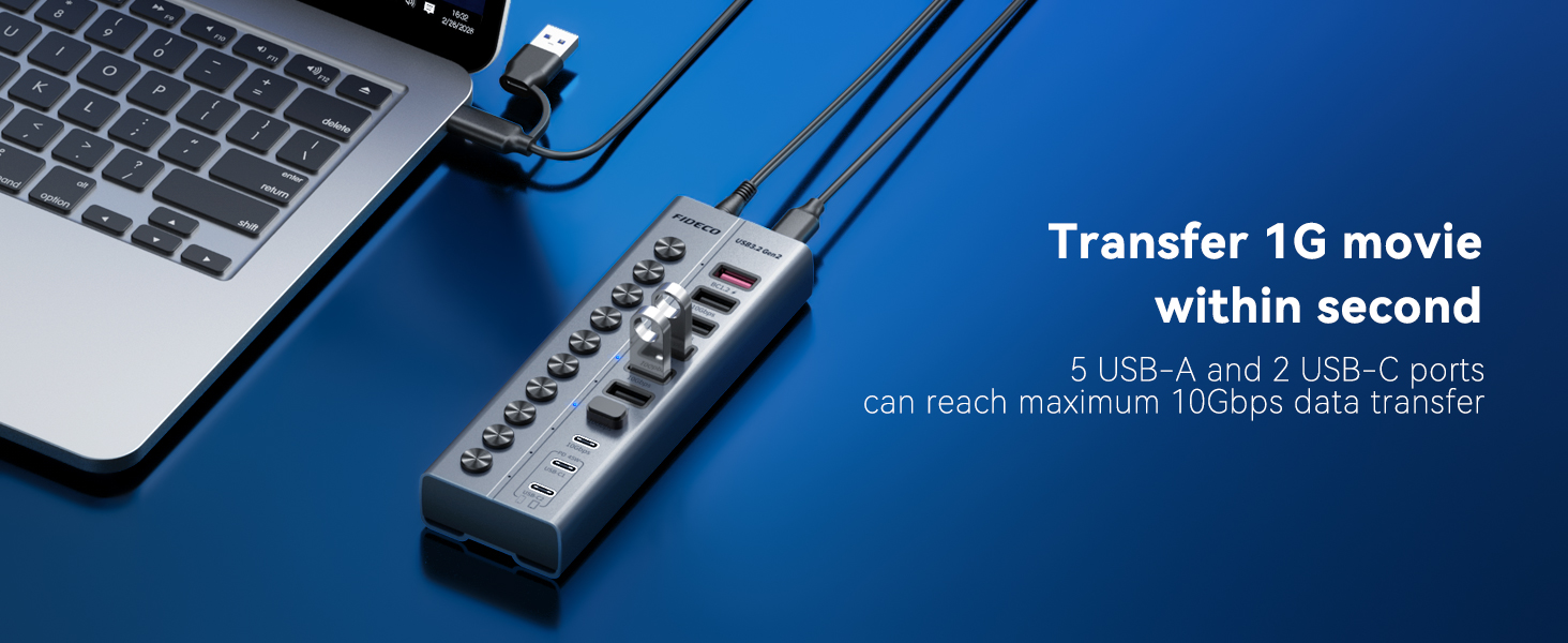 Text reads 'Transfer 1G movie within second' with specifications shown. USB hub with multiple ports connected to laptop via blue cable on dark blue background.