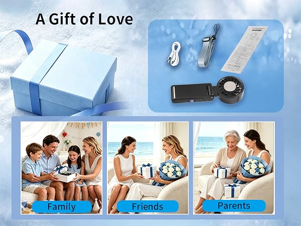 Text reads 'A Gift of Love'. Blue gift box with accessories including charging cables, connectors, and earbuds. Multiple panels show families and groups using the product together indoors.