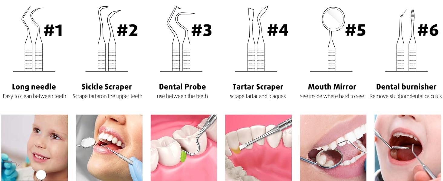Stainless Steel Dental Cleaning Kit With Dental Picks, Tooth Tartar Scraper, Tongue Scraper, Mirror