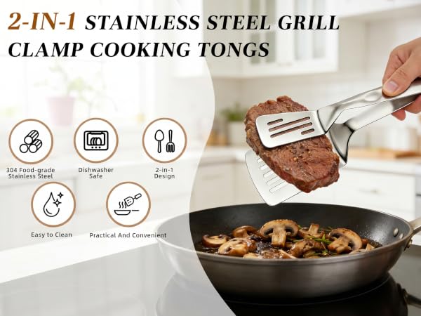 Professional 304 stainless steel spatula tongs for versatile kitchen use.