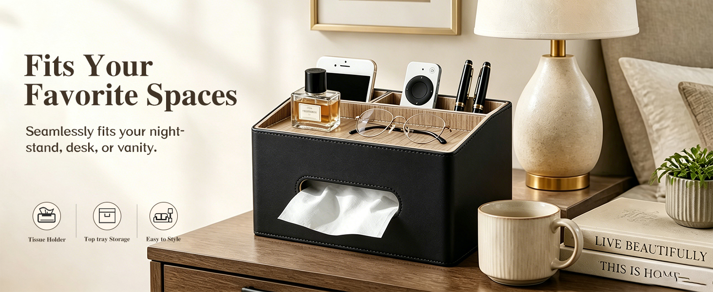 PU Leather Tissue Box Holder, Modern Facial Tissue Cover with Tray on Top
