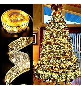 Ribbon Lights for Christmas Tree Decorations, 32ft 100 LED Gold Edge Wired Ribbon Fairy Lights fo...