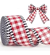 KINGLAKE Red and White Burlap Ribbon – 2.5 Inch x 11 Yards Red Wired Ribbon with Black Edges for ...