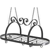 33" Pots and Pans Hanging Rack, Oval Ceiling Pot Rack with Grid, Heavy-duty Metal Pan Rack Hangin...