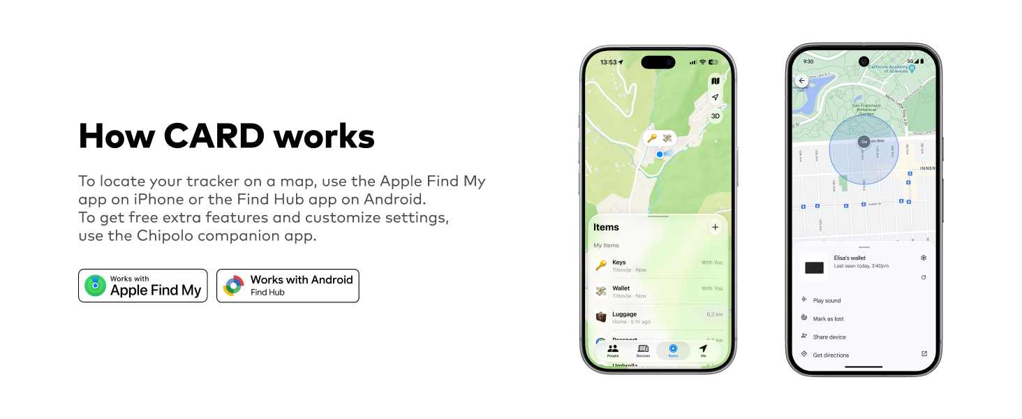 Text reads 'How CARD works'. Two smartphone screens displaying map applications with location tracking and navigation interfaces shown side-by-side.