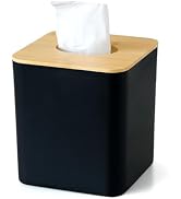 KALEKAIL Tissue Box Cover, Black Tissue Holder with a Natural Bamboo lid, Tissue Box Cover Square